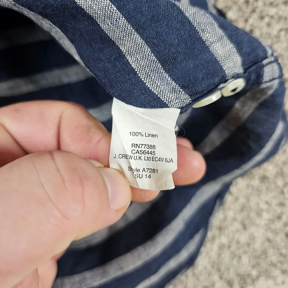 J Crew Shirt Mens Medium Blue Gray Striped Linen Button Pocket Casual Beach